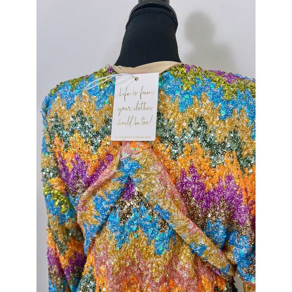 Show Me Your Mumu Sure Thing Mini Dress Wavy Sequins Sz XL Long Sleeve Colorful - Picture 6 of 6